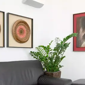 Moderne Wohnzimmerwand mit Pflanzen, Kunstwerken und einem Porträt im ethnischen Stil.